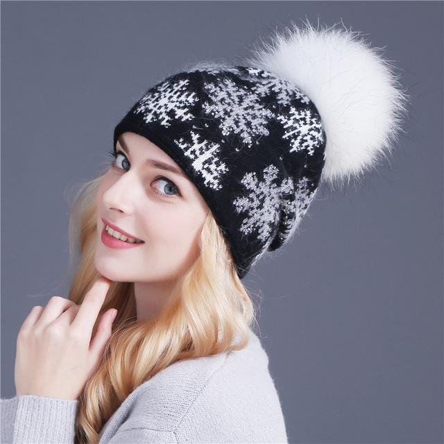 Women Snow Flake Print Hat With Real Rabbit Fur Pom Pom Trim-black hat white pom-JadeMoghul Inc.