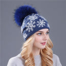 Women Snow Flake Print Hat With Real Rabbit Fur Pom Pom Trim-blue hat dark pom-JadeMoghul Inc.