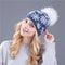 Women Snow Flake Print Hat With Real Rabbit Fur Pom Pom Trim-blue hat white pom-JadeMoghul Inc.