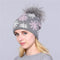 Women Snow Flake Print Hat With Real Rabbit Fur Pom Pom Trim-gray hat gray pom-JadeMoghul Inc.