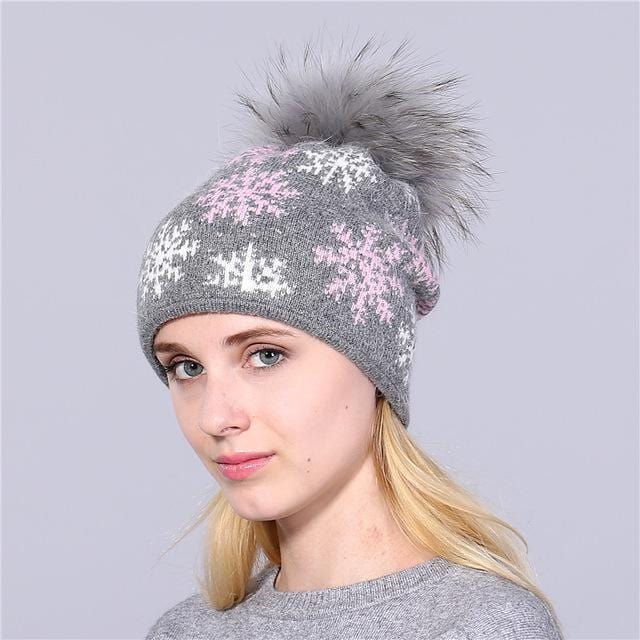 Women Snow Flake Print Hat With Real Rabbit Fur Pom Pom Trim-gray hat gray pom-JadeMoghul Inc.