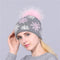Women Snow Flake Print Hat With Real Rabbit Fur Pom Pom Trim-gray hat pink pom-JadeMoghul Inc.