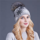 Women Snow Flake Print Hat With Real Rabbit Fur Pom Pom Trim-gray hat pom-JadeMoghul Inc.
