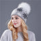 Women Snow Flake Print Hat With Real Rabbit Fur Pom Pom Trim-gray hat white pom-JadeMoghul Inc.