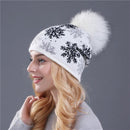 Women Snow Flake Print Hat With Real Rabbit Fur Pom Pom Trim-white hat pom-JadeMoghul Inc.