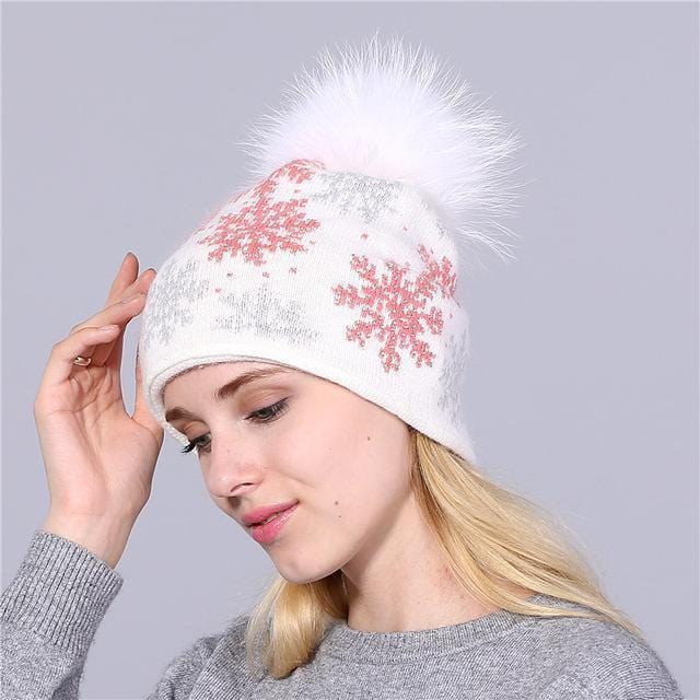 Women Snow Flake Print Hat With Real Rabbit Fur Pom Pom Trim-white pink hat-JadeMoghul Inc.
