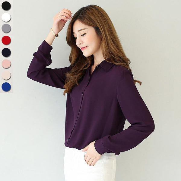 Women Solid Color Button Down Chiffon Shirt-1-L-JadeMoghul Inc.
