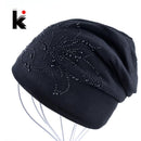 Women Solid color Slouch beanie/ Hat With Rhinestone Floral Detailing-Black-JadeMoghul Inc.