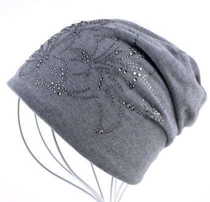 Women Solid color Slouch beanie/ Hat With Rhinestone Floral Detailing-Gray-JadeMoghul Inc.