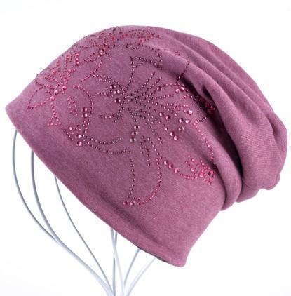 Women Solid color Slouch beanie/ Hat With Rhinestone Floral Detailing-Red-JadeMoghul Inc.
