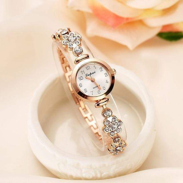 Women Stainless Steel And Flower Crystal Strap Bracelet Dress Watch
