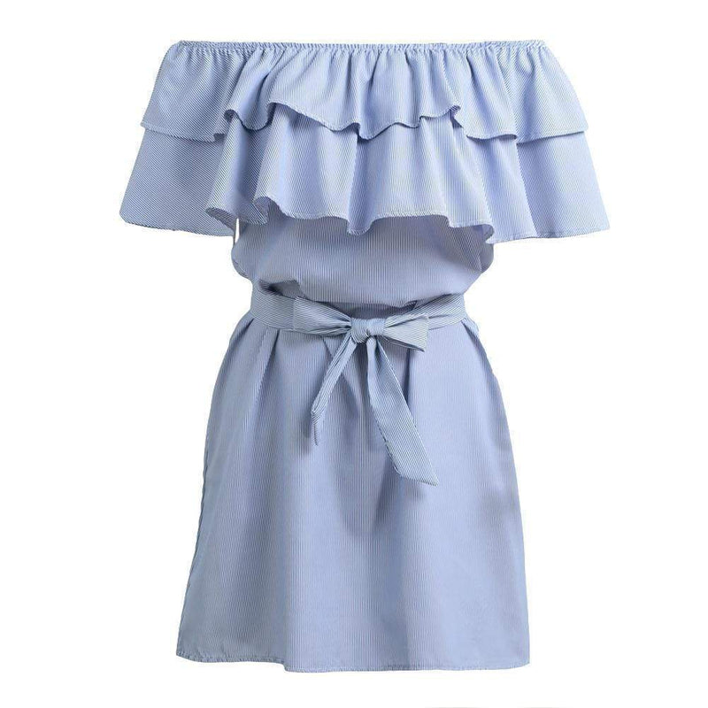 Women Stripe Print Shoulder Elastic Mini Dress