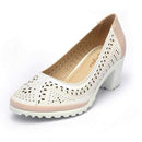 Women Summer Genuine Leather Pumps With Cut Work Detailing