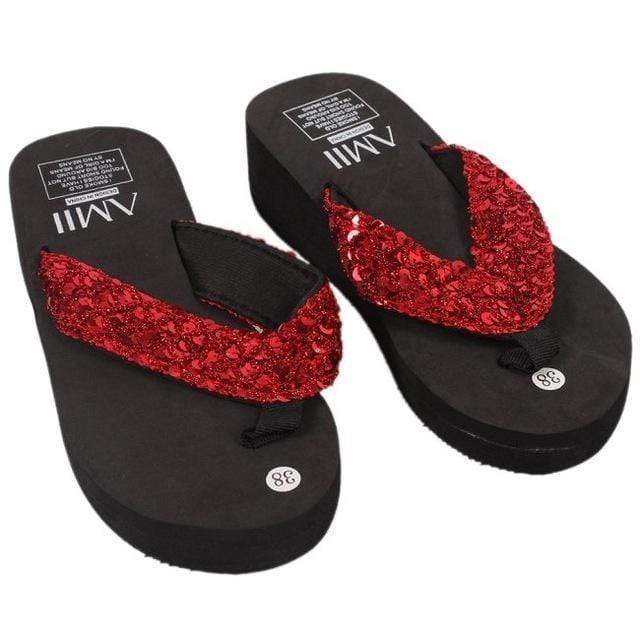 Wedge Sandals Sequined Thong Style Wedge Slippers