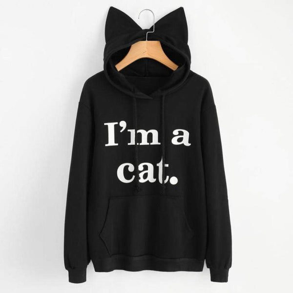 Women Sweatshirt Cat Slogan Print Cat Ear Kawaii Hoodie Sweatshirt 2017 New Black Print Cute Pullovers Long Sleeve Casual &120