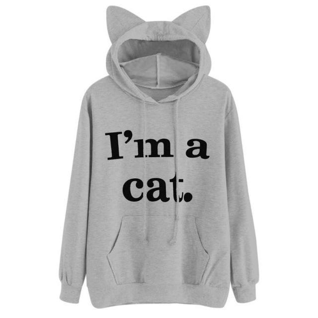 Women Sweatshirt Cat Slogan Print Cat Ear Kawaii Hoodie Sweatshirt 2017 New Black Print Cute Pullovers Long Sleeve Casual &120