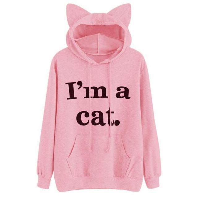 Women Sweatshirt Cat Slogan Print Cat Ear Kawaii Hoodie Sweatshirt 2017 New Black Print Cute Pullovers Long Sleeve Casual &120