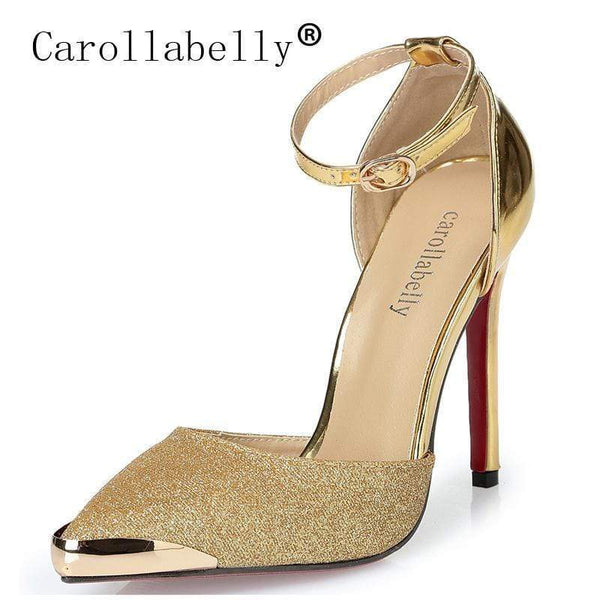 Women Thin High Heels Pumps / Glittery Gold Pointed Toe Shoes