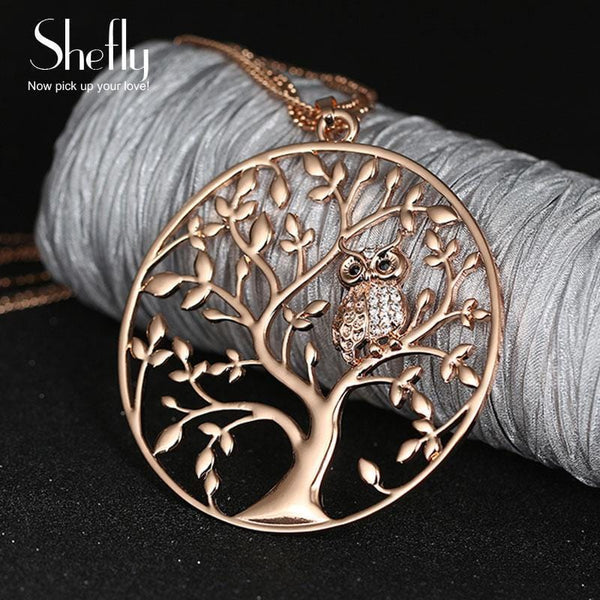 Women Tree of Life And Owl Pendant Necklace-Gold-JadeMoghul Inc.