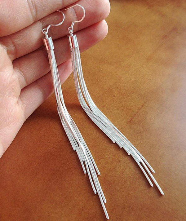 Women Trendy Long Silver Tassel Earrings--JadeMoghul Inc.