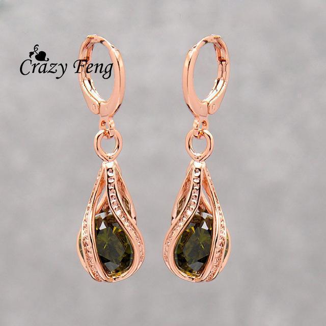 Women Trendy Rose Gold Color Water Drop Crystal Drop Earrings-green-JadeMoghul Inc.
