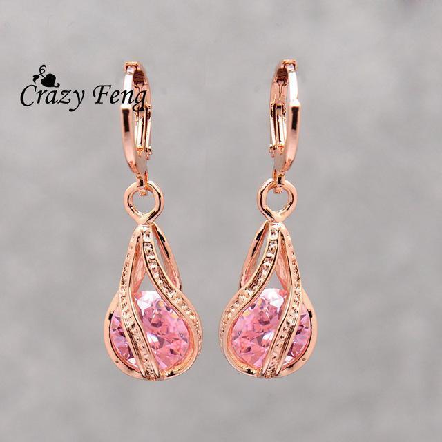 Women Trendy Rose Gold Color Water Drop Crystal Drop Earrings-pink-JadeMoghul Inc.
