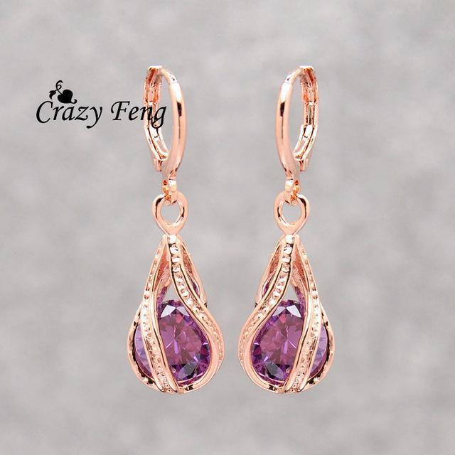 Women Trendy Rose Gold Color Water Drop Crystal Drop Earrings-purple-JadeMoghul Inc.