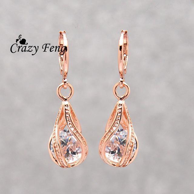 Women Trendy Rose Gold Color Water Drop Crystal Drop Earrings-white-JadeMoghul Inc.