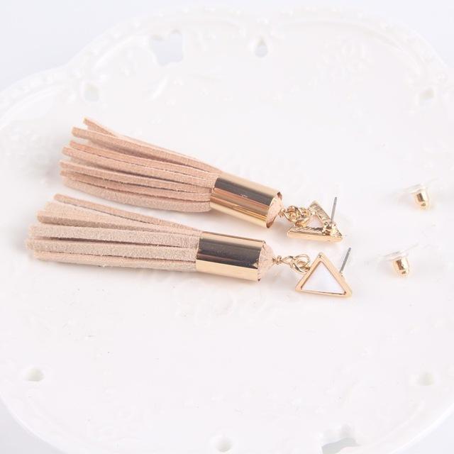 Women Triangle Suede Tassel Drop Earrings-Beige-JadeMoghul Inc.