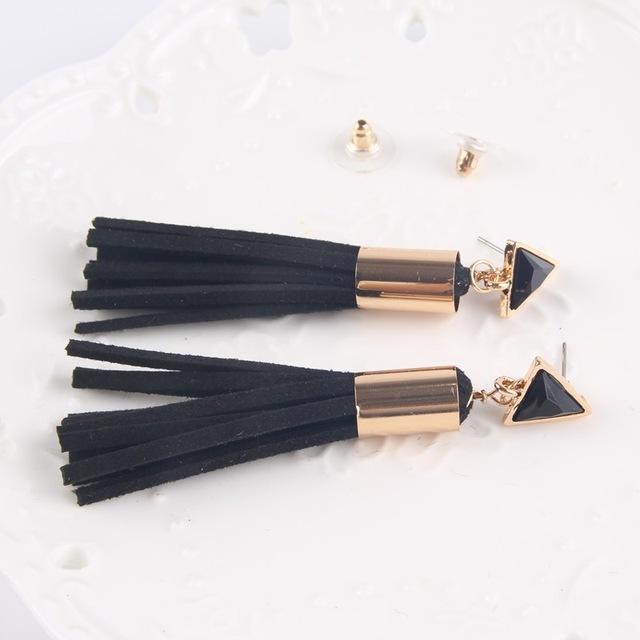 Women Triangle Suede Tassel Drop Earrings-Black-JadeMoghul Inc.