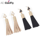 Women Triangle Suede Tassel Drop Earrings-Black-JadeMoghul Inc.