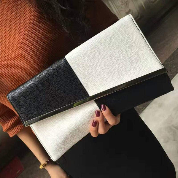 Women Two Tone Color Block Envelope Clutch With Metal Rim Finishing