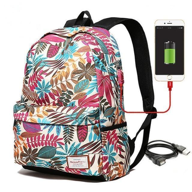 Women USB charging laptop backpack for teenage girls school backpack bag Printing Female Backpacks for college students-white big-JadeMoghul Inc.
