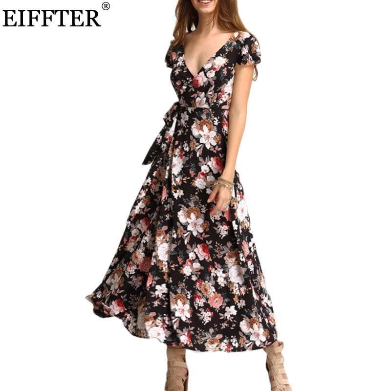 Women V Neck Floral Print A Line Chiffon Summer Dress