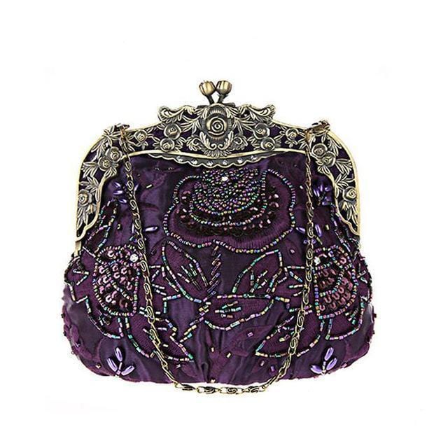Women Victorian Silk Clutch With Heavy Floral Beaded Embroidery-purple-JadeMoghul Inc.