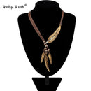 Women Vintage Feather Statement Necklace With Leather Rope Chain