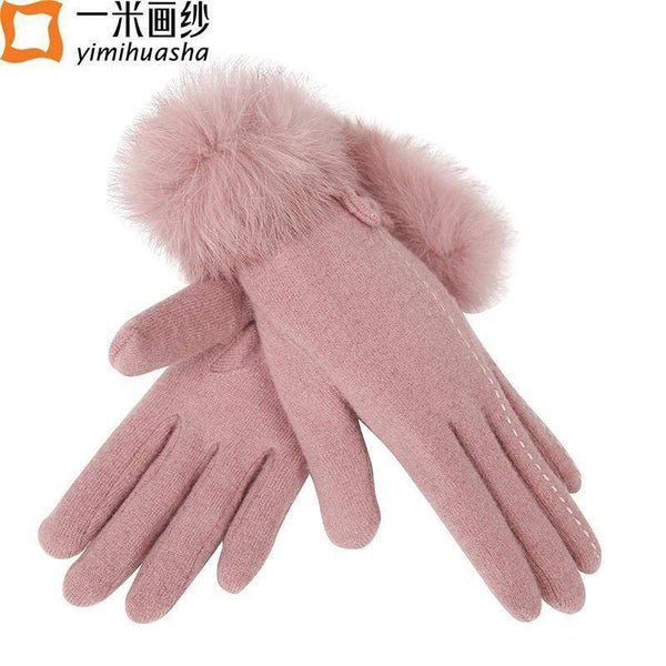 Women Warm Winter Wool Gloves With Soft Lining And Rabbit Fur Detailing
