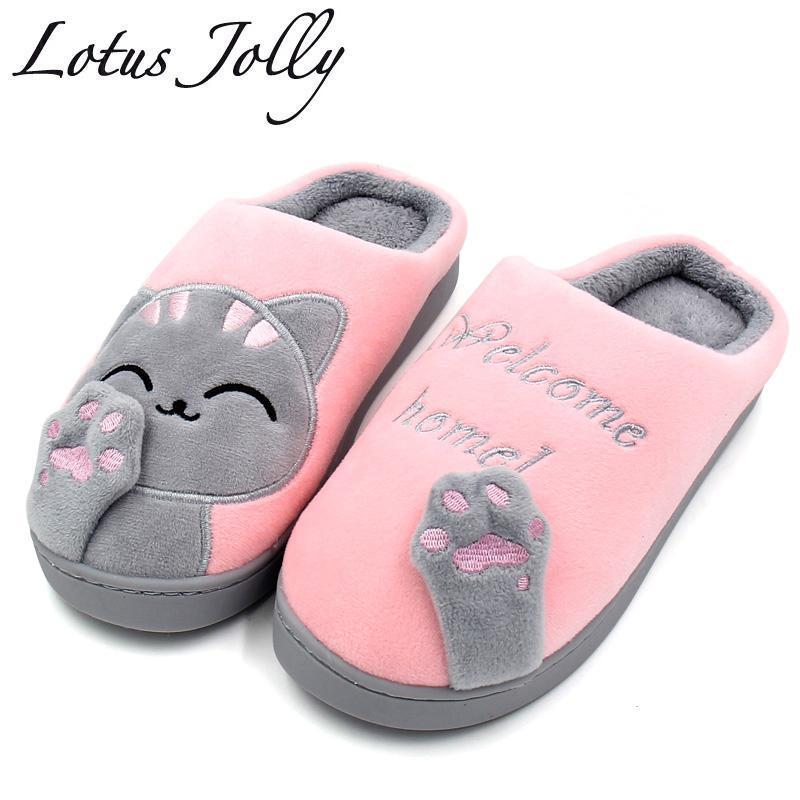 Women Winter Home Slippers Cartoon Cat Shoes Non-slip Soft Winter Warm House Slippers Indoor Bedroom Lovers Couples Floor Shoes-black-11-JadeMoghul Inc.