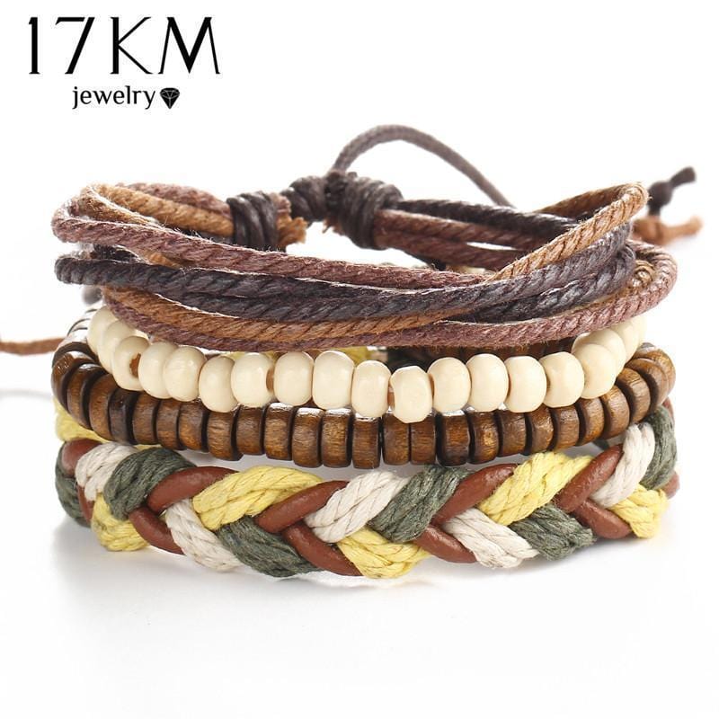 Women Wrap Leather/ Jute Braid And Bead Bracelet Set-BJCS097-JadeMoghul Inc.