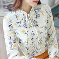 Women's Chiffon Long Sleeved Floral Shirt Top With Ruffled Collar-Light yellow-S-JadeMoghul Inc.