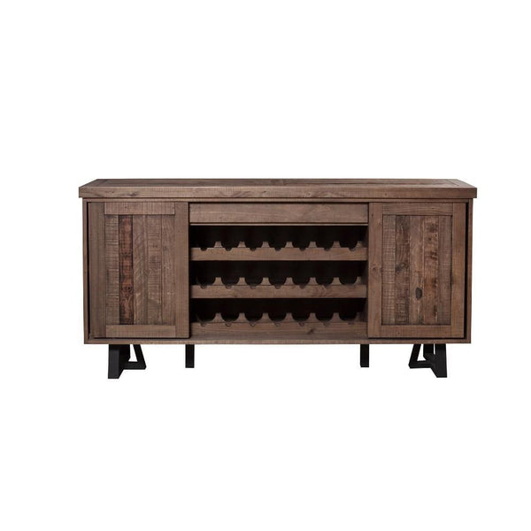 Wood And Metal Sideboard With Wine Holder, Brown-Buffets and Sideboards-Brown-Solid & Recycled Pine-JadeMoghul Inc.