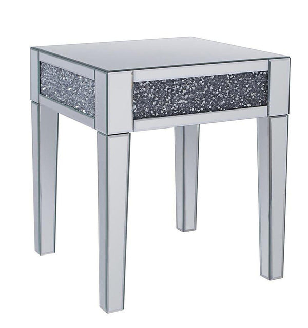 Wood and Mirror End Table with Faux Crystals Inlay, Clear-Side & End Tables-Clear-Mirror, Glass, Faux Crystals and Composite Wood-JadeMoghul Inc.