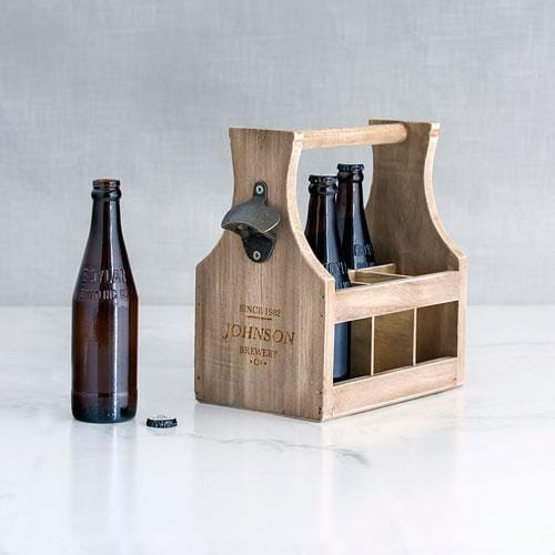 Wood Beer Bottle Caddy with Opener - Brewery Co. Etching (Pack of 1)-Personalized Gifts For Men-JadeMoghul Inc.