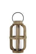 Wood Cylinder Metal Handle Lantern With Hurricane Candle Holder, Small, Brown-Lanterns-Brown-Wood Metal-Natural Finish-JadeMoghul Inc.