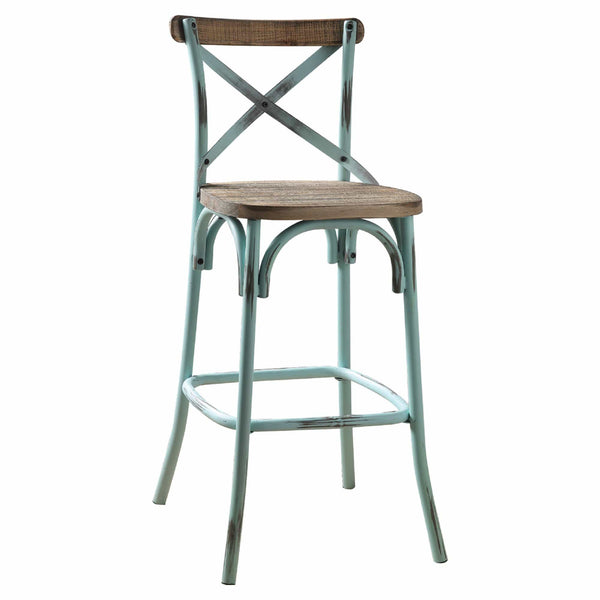 Wood & metal Bar Height Chair with X-Style Panel back, Antique Turquoise-Bar Chairs-Antique Turquoise-Wood & Metal-JadeMoghul Inc.