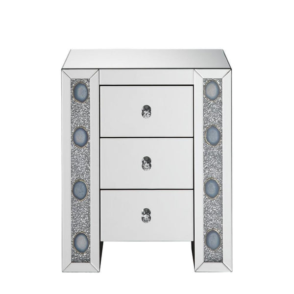 Wood & Mirror Nightstand with Agate Inserts, Silver-Bedroom Furniture-Silver-Wood & Mirror-JadeMoghul Inc.