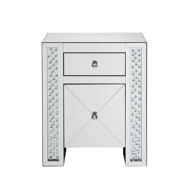 Wood & Mirror Nightstand with Crystal Inserts, Silver-Bedroom Furniture-Silver-Wood & Mirror-JadeMoghul Inc.