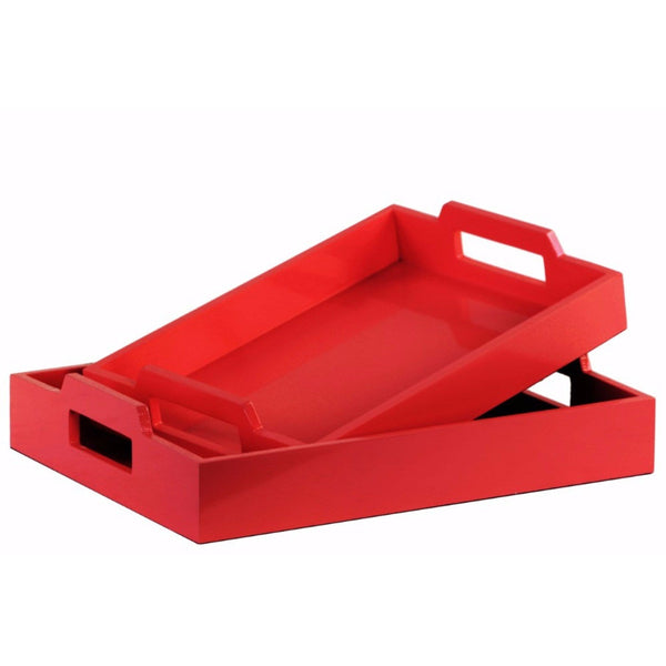 Wood Rectangular Serving Tray with Cutout Handles Set of 2 - Red - Benzara-Decorative Trays-Red-Wood-JadeMoghul Inc.