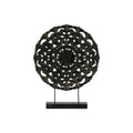Wood Round Floral Wheel Ornament on Rectangular Stand in LG Matte Finish, Black-Home Accent-Black-Wood-JadeMoghul Inc.