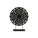 Wood Round Floral Wheel Ornament on Rectangular Stand in LG Matte Finish, Black-Home Accent-Black-Wood-JadeMoghul Inc.